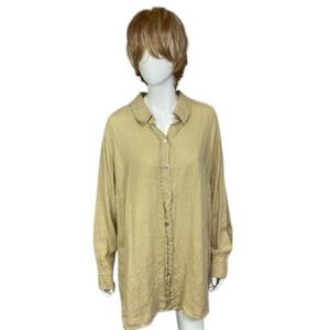 NU Construction 100% Linen Boho Lagenlook Ling Sleeves Button Up Shirt Size 1X